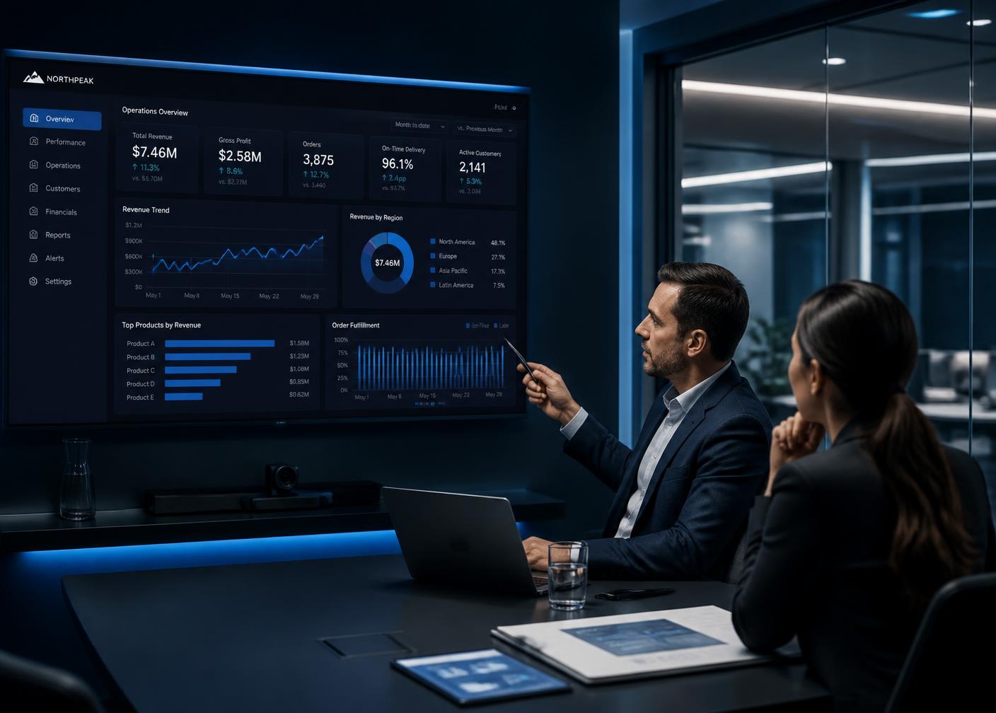 Two executives reviewing an operations performance dashboard in a meeting room